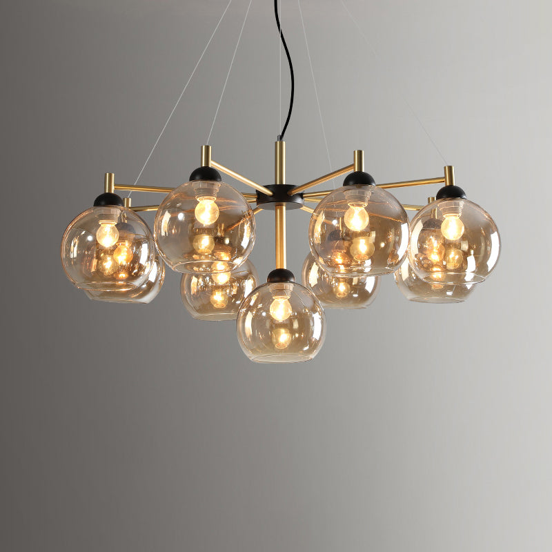 Post-Modern Globe Chandelier Lighting Amber Glass 9 Bulbs Living Room Ceiling Hang Fixture in Brass