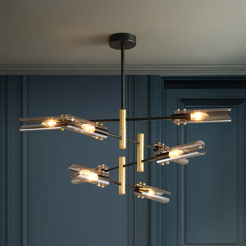 Lampada del lampadario tubolare Fumo moderno Grigio grigio vetro a 8 teste Black e ottone Brass Affermazione Lampada a sospensione