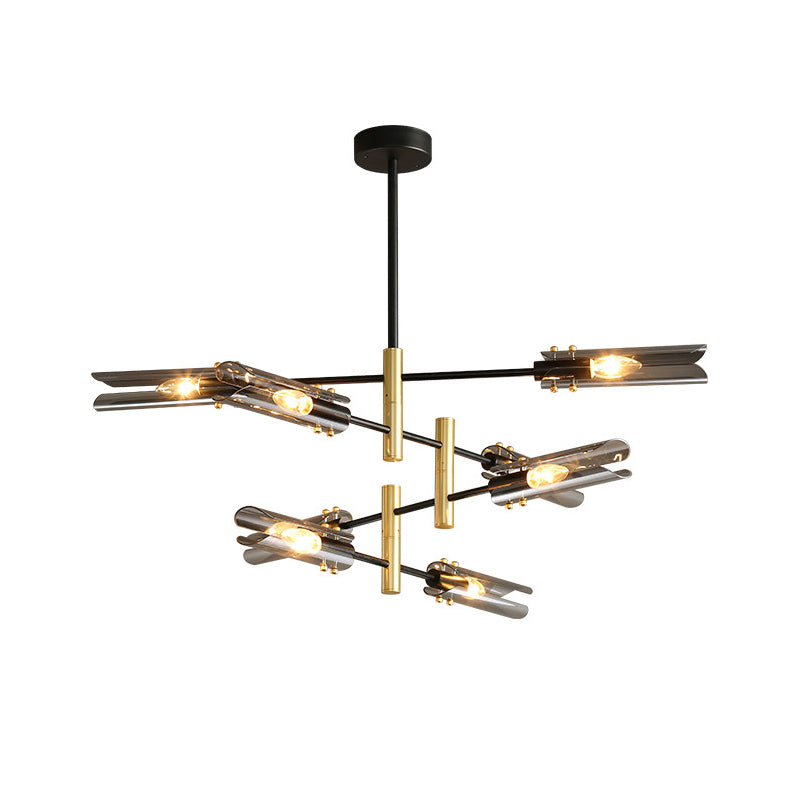 Lampada del lampadario tubolare Fumo moderno Grigio grigio vetro a 8 teste Black e ottone Brass Affermazione Lampada a sospensione