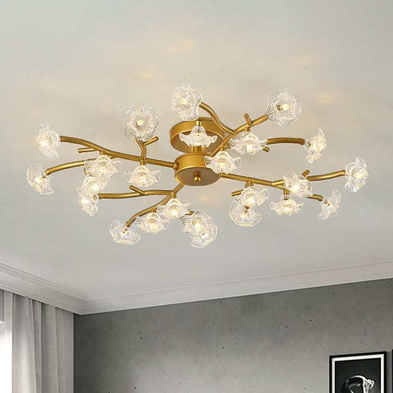 Floral Semi Flushmount Lighting Contemporary Metallic 24-Light Bedroom Flush Ceiling Lamp in Brass