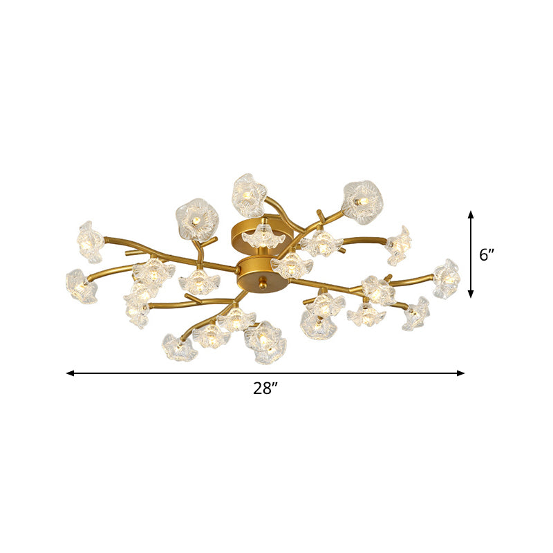 Floral Semi Flushmount Lighting Contemporary Metallic 24-Light Bedroom Flush Ceiling Lamp in Brass