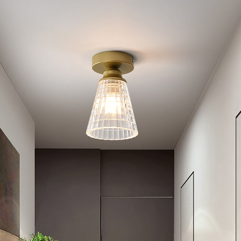 Cone Corridor Flushmount Lighting Clear Lattice Glass 1 Bulb Modernism Flush Mount Lamp in Brass