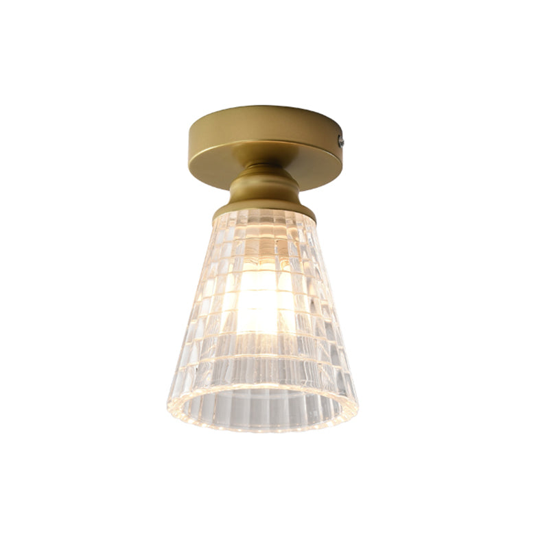 Cone Corridor Flushmount Lighting Clear Lattice Glass 1 Bulb Modernism Flush Mount Lamp in Brass
