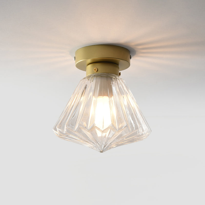 1-Light Bedroom Flush Mount Light Post Modern Brass Flush Lamp with Diamond Clear Prismatic Glass Shade
