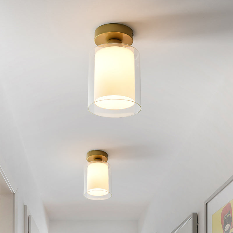 Cylinder Clear and White Glass Flushmount Simple 1 Bulb Corridor Flush Mount Ceiling Light in Brass