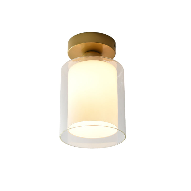 Cylinder Clear and White Glass Flushmount Simple 1 Bulb Corridor Flush Mount Ceiling Light in Brass