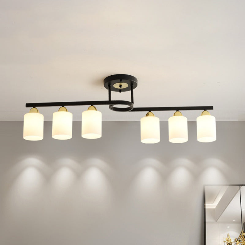 6-Light Living Room Semi Flushmount Modernism Black Ceiling Flush Mount with Cylinder Cream Glass Shade