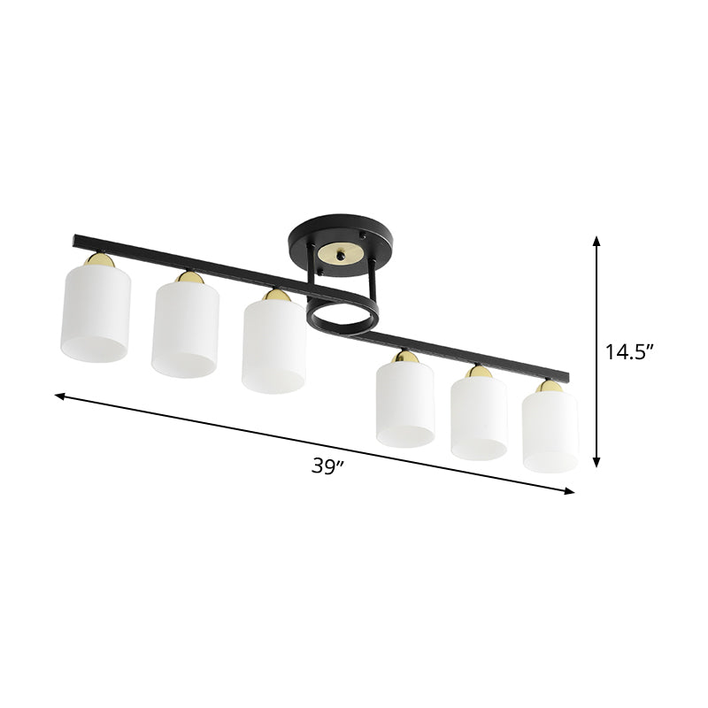 6-Light Living Room Semi Flushmount Modernism Black Ceiling Flush Mount with Cylinder Cream Glass Shade