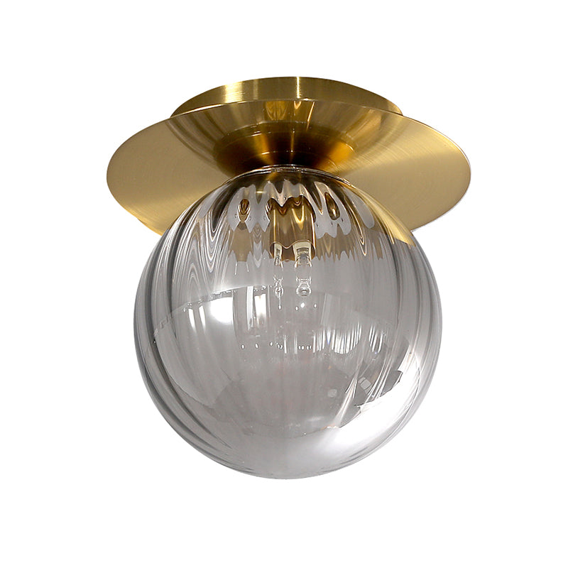 Globe Corridor Flushmount Lighting Smoked Water Glass 1-Head Gold Finish Flush Mount Ceiling Lamp