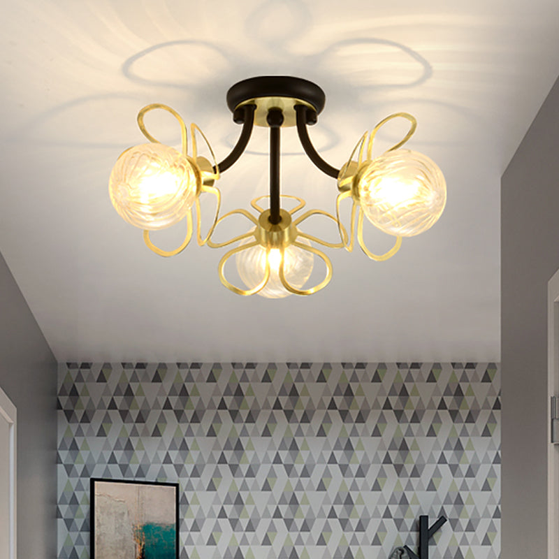 Metal Floral Flush Lighting Modernism 3 Lights Black Semi Ceiling Flush Mount with Modo Clear Prismatic Glass Shade