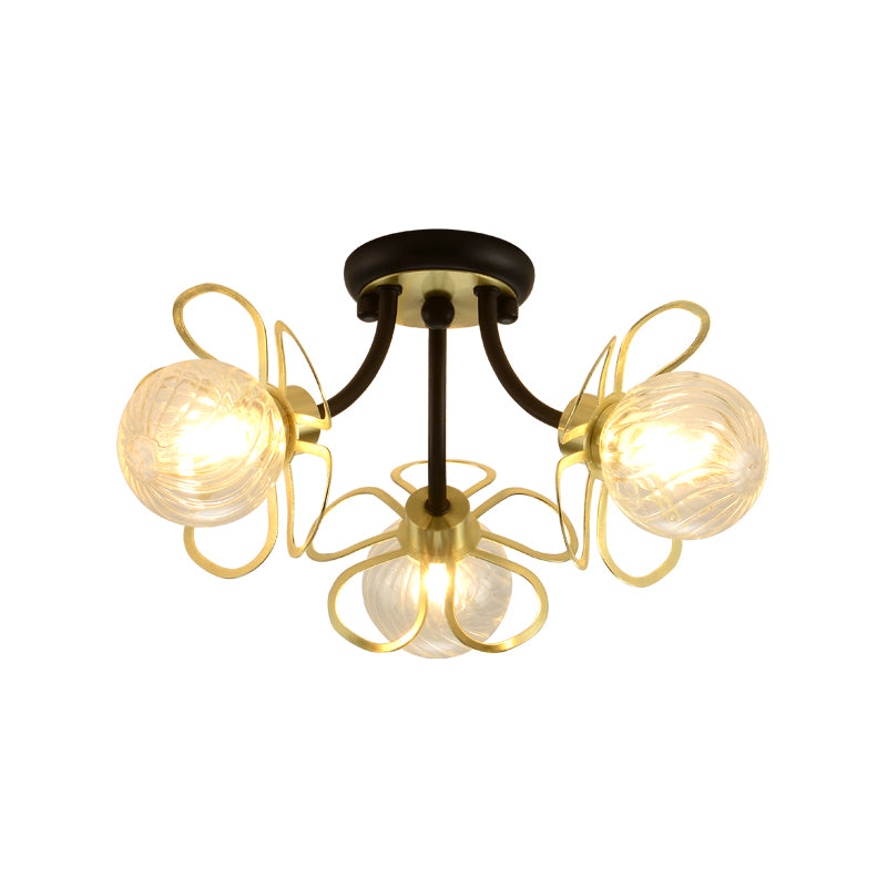 Metal Floral Flush Lighting Modernism 3 Lights Black Semi Ceiling Flush Mount with Modo Clear Prismatic Glass Shade