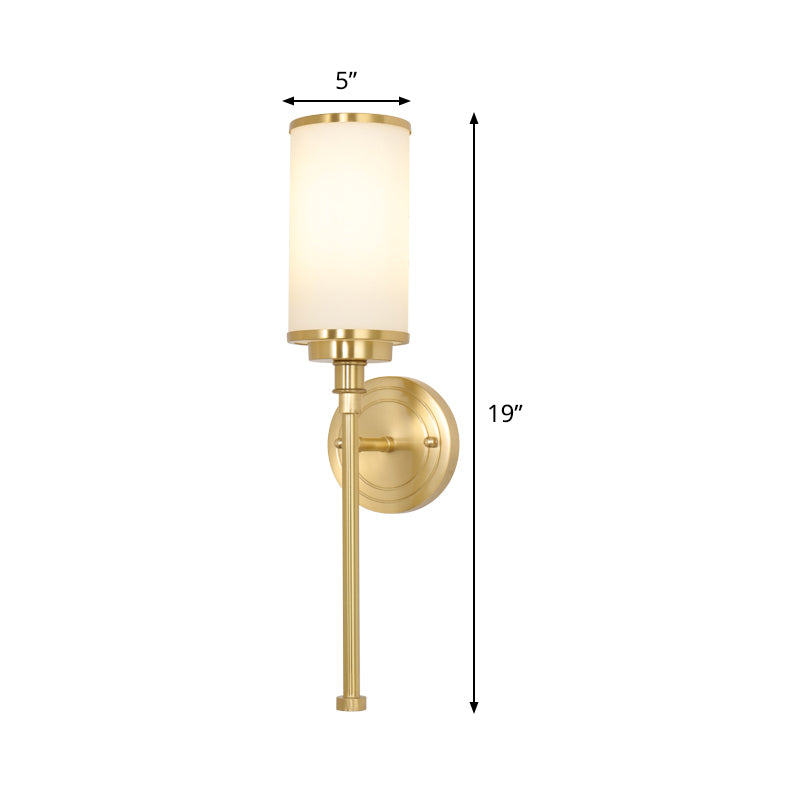 Post Modern Cylindrical Wall Light Sconce Milky Glass 1-Head Living Room Wall Mounted Lamp in Gold with Straight Arm