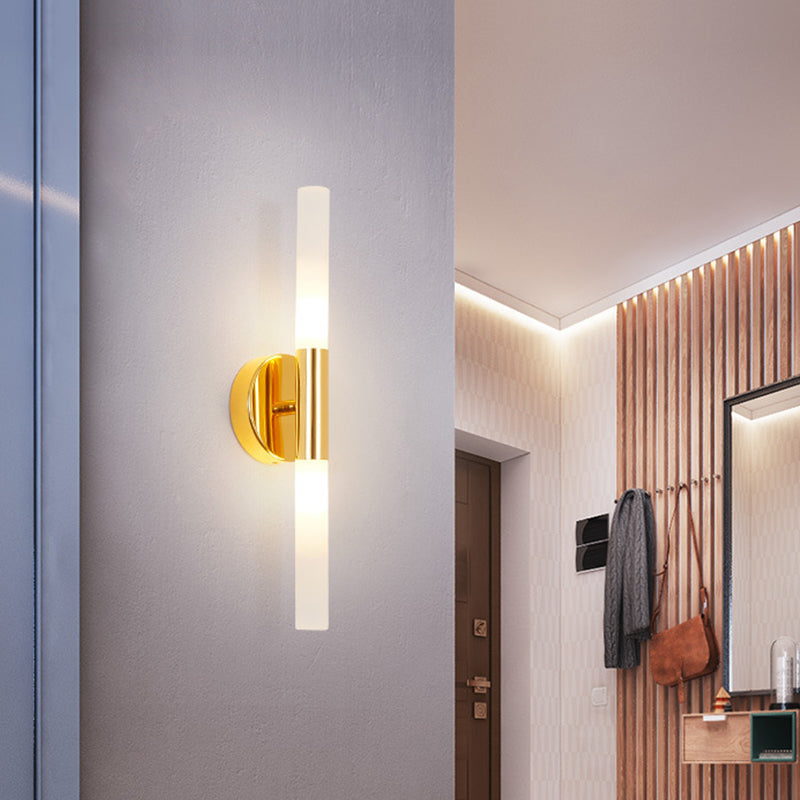 Minimalist Slim Tubular Wall Sconce White Glass LED Corner Wall Lighting Fixture in Brass