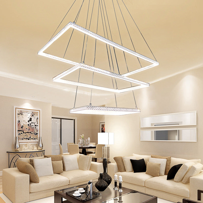 White Rectangular Chandelier Lighting Modernist 3 Lights Metal Ceiling Pendant Lamp Fixture in White/Warm/Natural Light