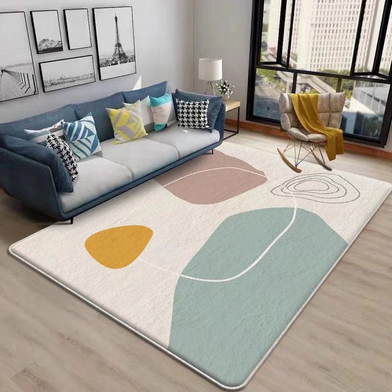 Beige Color Block Rug Polyester Nordic Indoor Rug Non-Slip Backing Rug for Drawing Room