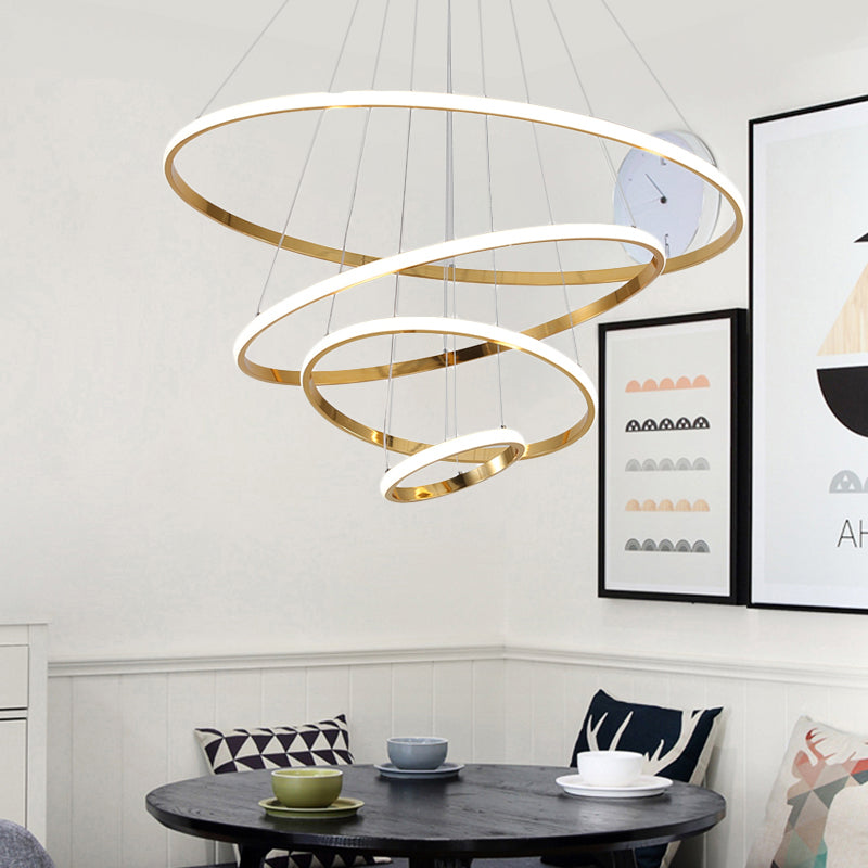 3/4 Lights Living Room Chandelier with Ring Acrylic Shade Modern Gold/Chrome Led Hanging Light Fixture in Warm Light