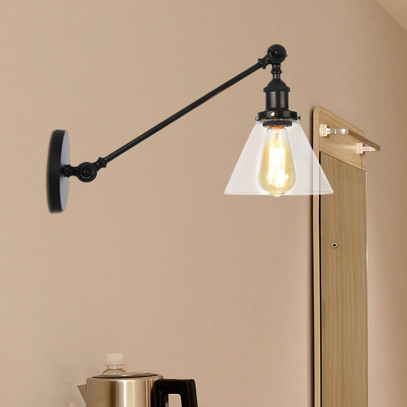 Industrial Conical Sconce Light 1 Light Clear Glass Lighting Fixture in Black/Bronze/Brass, 8"/12" L Arm