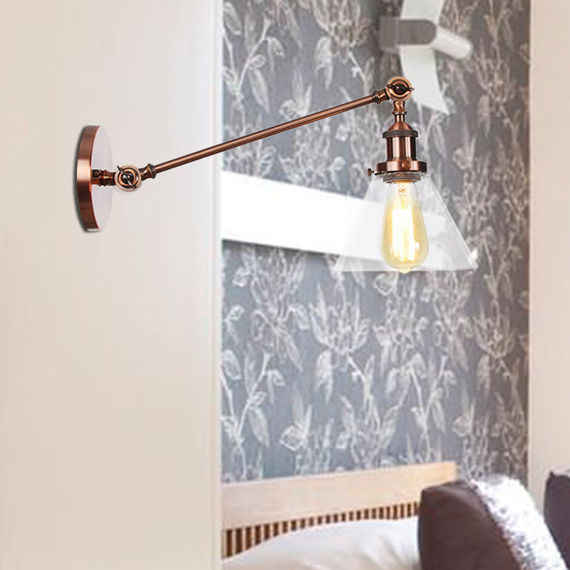 Industrial Conical Sconce Light 1 Light Clear Glass Lighting Fixture in Black/Bronze/Brass, 8"/12" L Arm