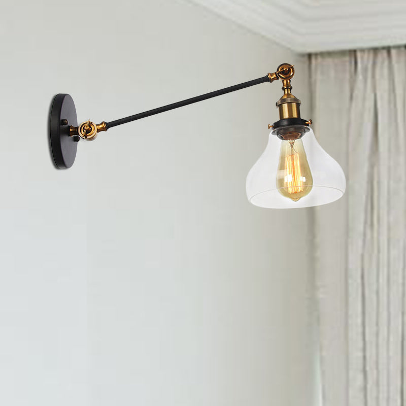 1 luminaire d'éclairage intérieur léger Ferme noire / bronze / application en laiton avec une nuance en verre transparent poire, 8 "/ 12" L bras