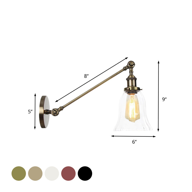 Black/Bronze/Brass 1 Light Wall Lighting Fixture Vintage Clear Glass Bell Sconce with Arm, 8"/12" Long