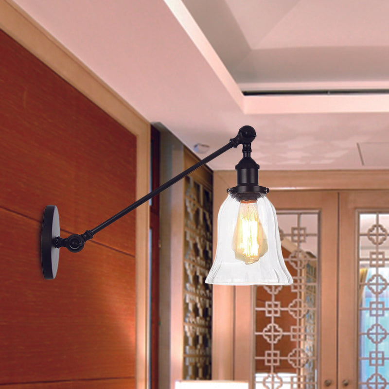 Black/Bronze/Brass 1 Light Wall Lighting Fixture Vintage Clear Glass Bell Sconce with Arm, 8"/12" Long