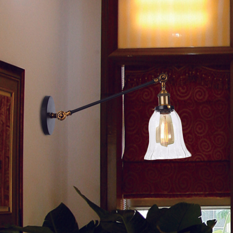 Black/Bronze/Brass 1 Light Wall Lighting Fixture Vintage Clear Glass Bell Sconce with Arm, 8"/12" Long