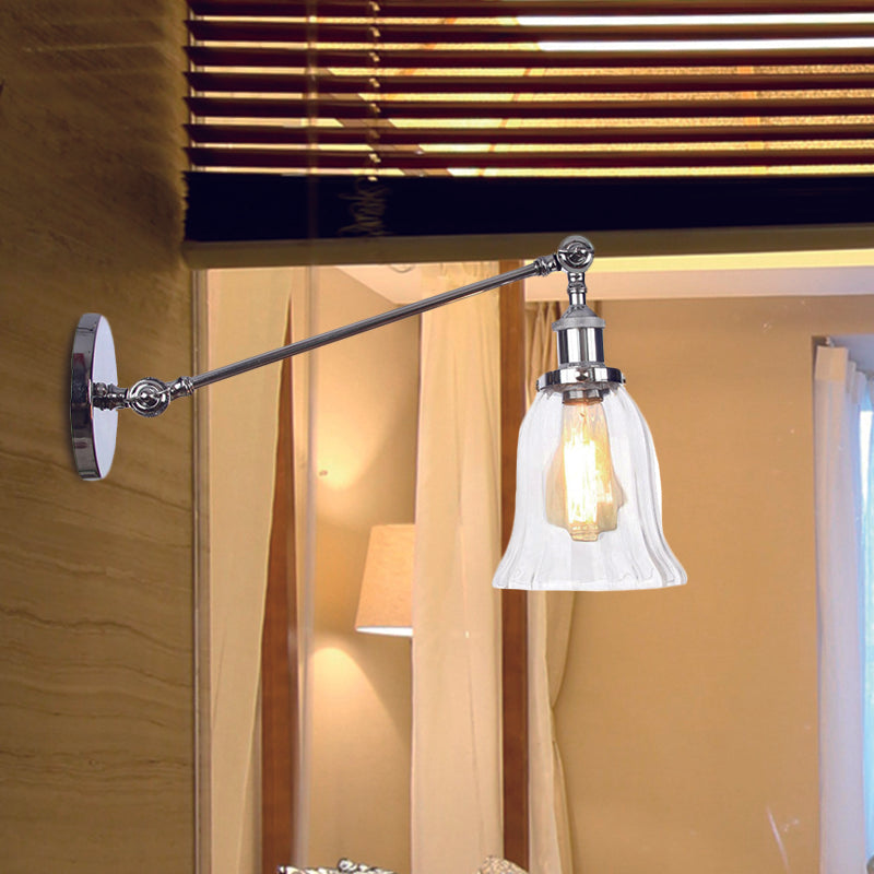 Black/Bronze/Brass 1 Light Wall Lighting Fixture Vintage Clear Glass Bell Sconce with Arm, 8"/12" Long