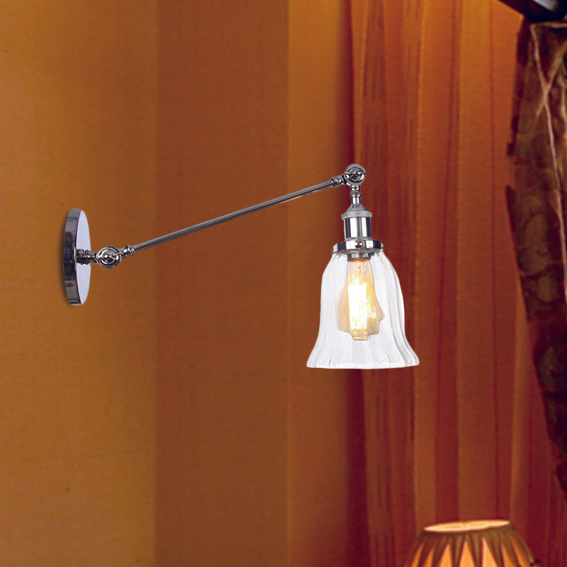 Black/Bronze/Brass 1 Light Wall Lighting Fixture Vintage Clear Glass Bell Sconce with Arm, 8"/12" Long