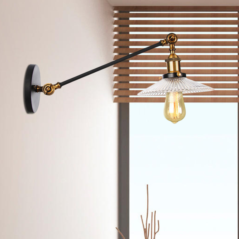 Clear Ribbed Glass Bronze/Brass/Copper Wall Mounted Lamp Saucer 1 Light Vintage Lighting Fixture, 8"/12" L Arm