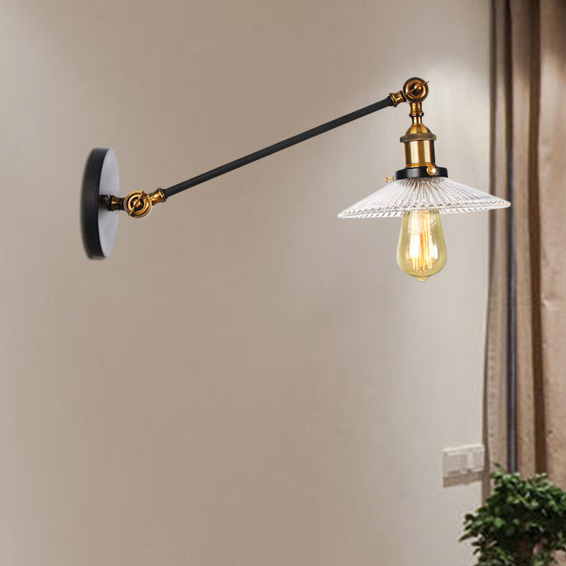 Clear Ribbed Glass Bronze/Brass/Copper Wall Mounted Lamp Saucer 1 Light Vintage Lighting Fixture, 8"/12" L Arm