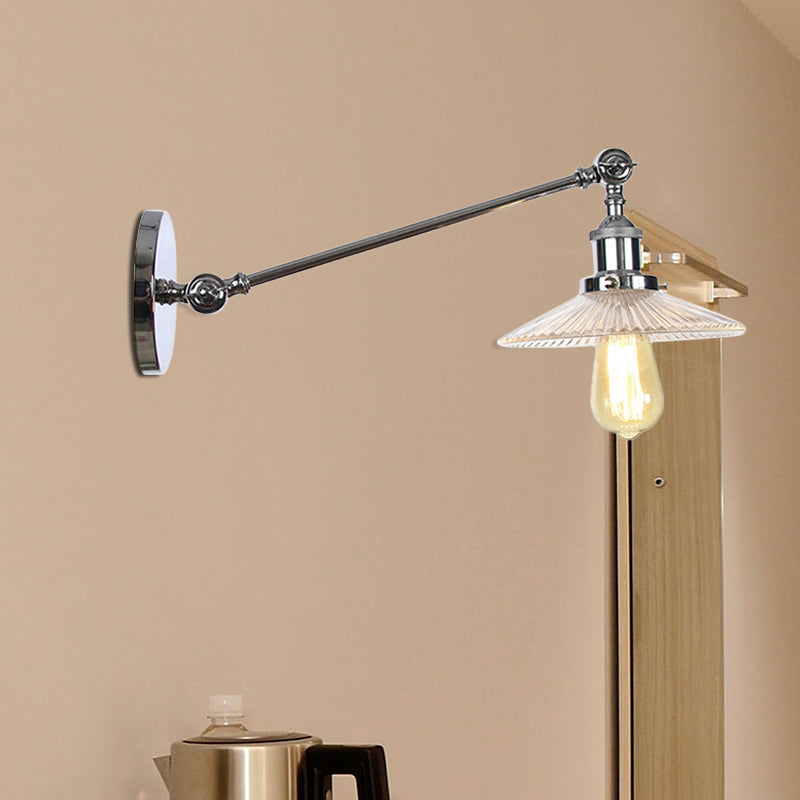 Clear Ribbed Glass Bronze/Brass/Copper Wall Mounted Lamp Saucer 1 Light Vintage Lighting Fixture, 8"/12" L Arm