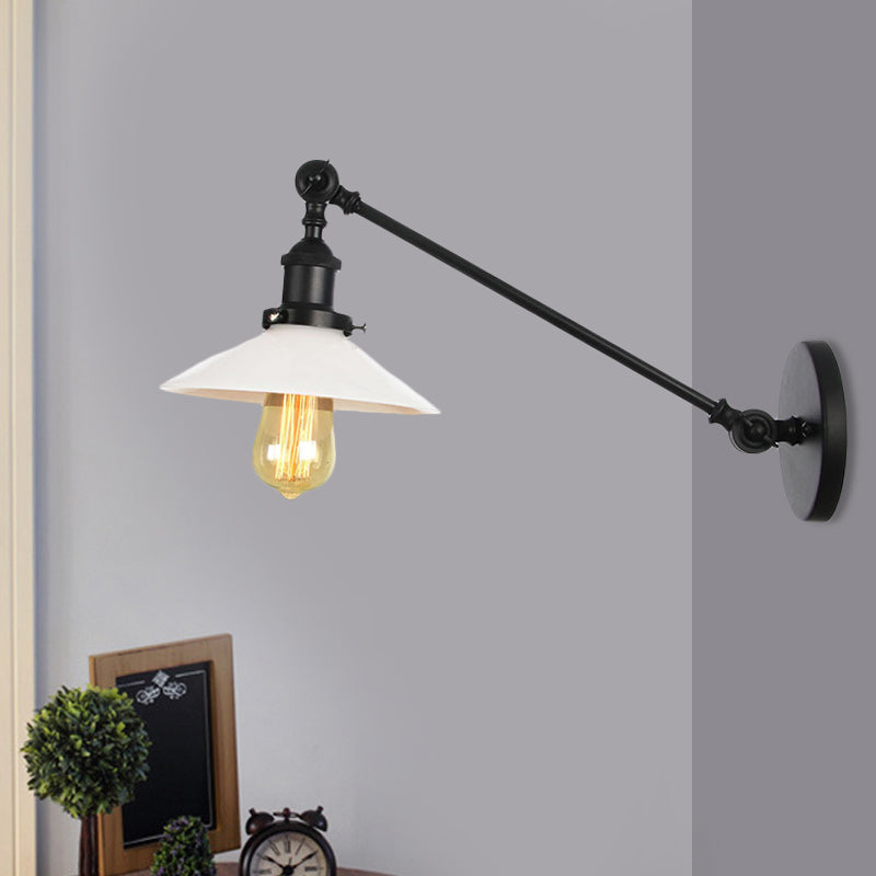 Industrial Conical Sconce Light 1 Light Opal Glass Wall Lamp in Black/Bronze/Brass with Arm, 8"/12" L