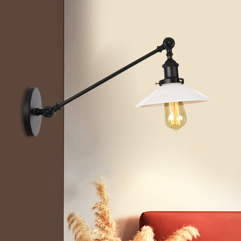 Industrial Conical Sconce Light 1 Light Opal Glass Wall Lamp in Black/Bronze/Brass with Arm, 8"/12" L