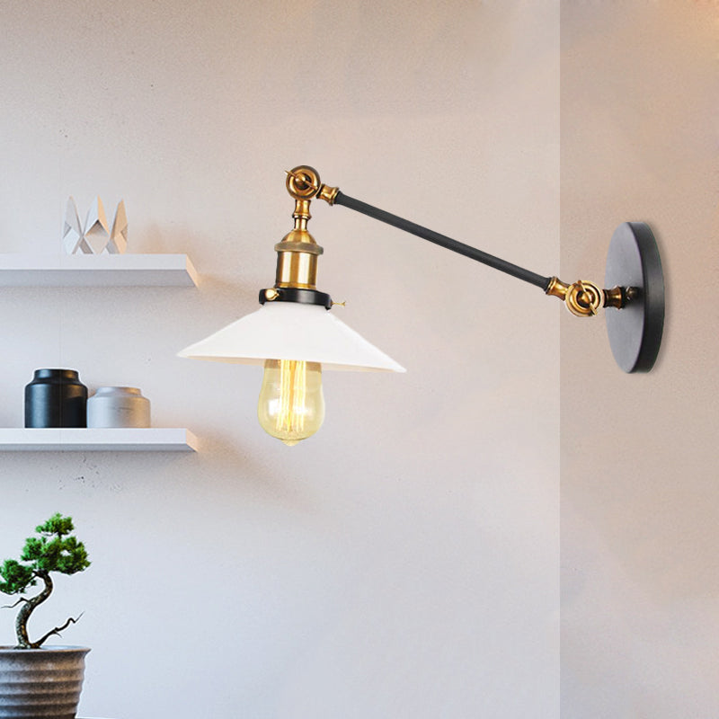 Industrial Conical Sconce Light 1 Light Opal Glass Wall Lamp in Black/Bronze/Brass with Arm, 8"/12" L