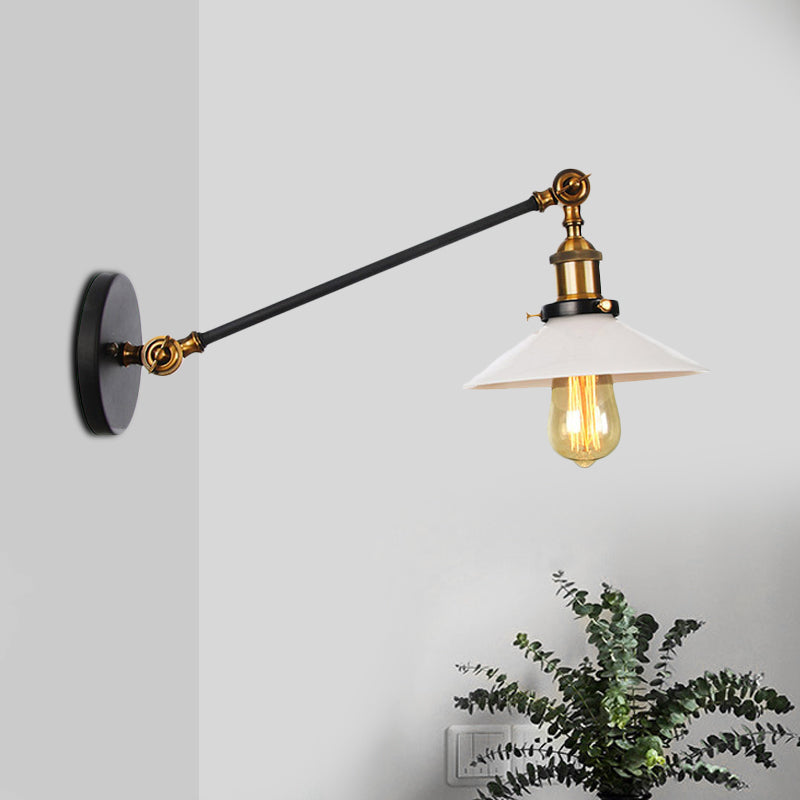Industrial Conical Sconce Light 1 Light Opal Glass Wall Lamp in Black/Bronze/Brass with Arm, 8"/12" L