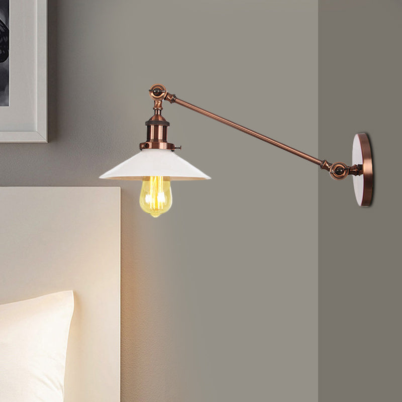 Industrial Conical Sconce Light 1 Light Opal Glass Wall Lamp in Black/Bronze/Brass with Arm, 8"/12" L