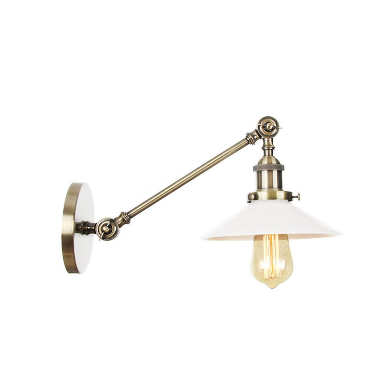 Industrial Conical Sconce Light 1 Light Opal Glass Wall Lamp in Black/Bronze/Brass with Arm, 8"/12" L