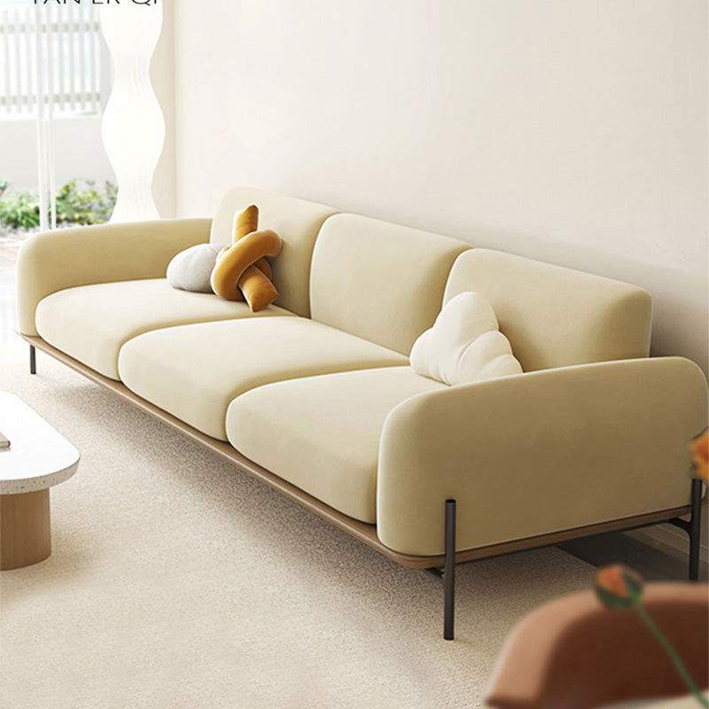 Standard Contemporary Faux Leather / Velvet Sofa Couch in Beige