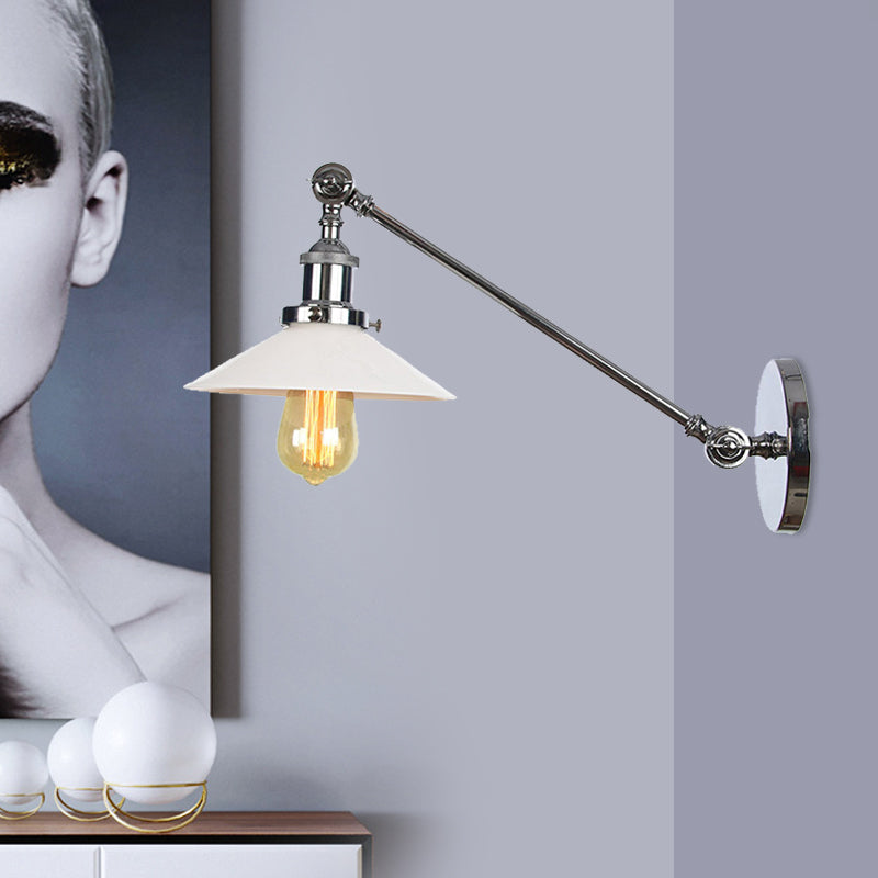 Industrial Conical Sconce Light 1 Light Opal Glass Wall Lamp in Black/Bronze/Brass with Arm, 8"/12" L