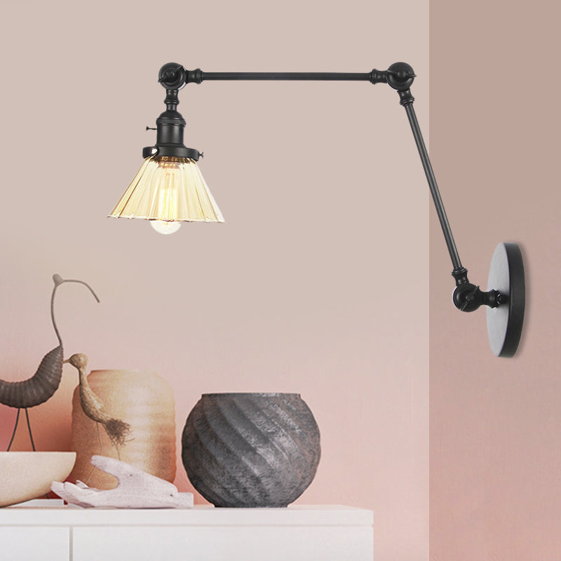 Industrial Cone Wall Mounted Light 1 Light 
Clear/Amber Glass Sconce in Black/Bronze/Brass with Arm, 8"+8"/8"+8"+8" Long
