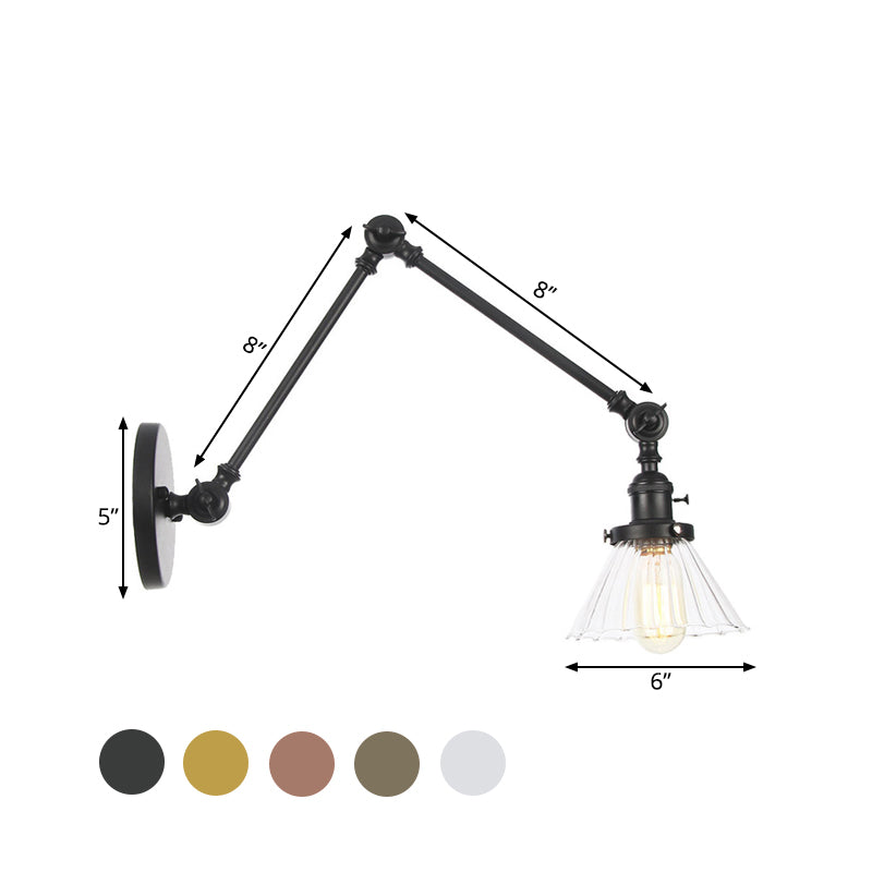 Industrial Cone Wall Mounted Light 1 Light 
Clear/Amber Glass Sconce in Black/Bronze/Brass with Arm, 8"+8"/8"+8"+8" Long