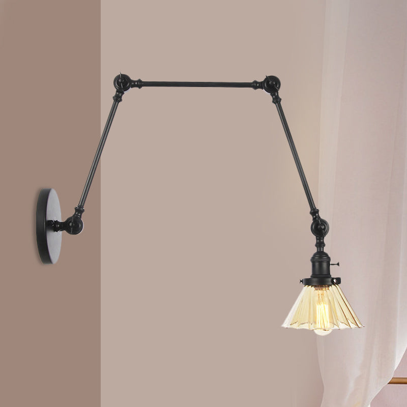 Industrial Cone Wall Mounted Light 1 Light 
Clear/Amber Glass Sconce in Black/Bronze/Brass with Arm, 8"+8"/8"+8"+8" Long