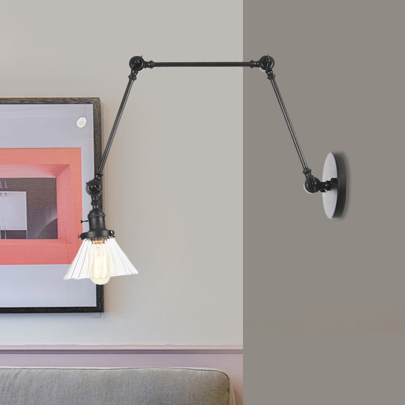 Industrial Cone Wall Mounted Light 1 Light 
Clear/Amber Glass Sconce in Black/Bronze/Brass with Arm, 8"+8"/8"+8"+8" Long