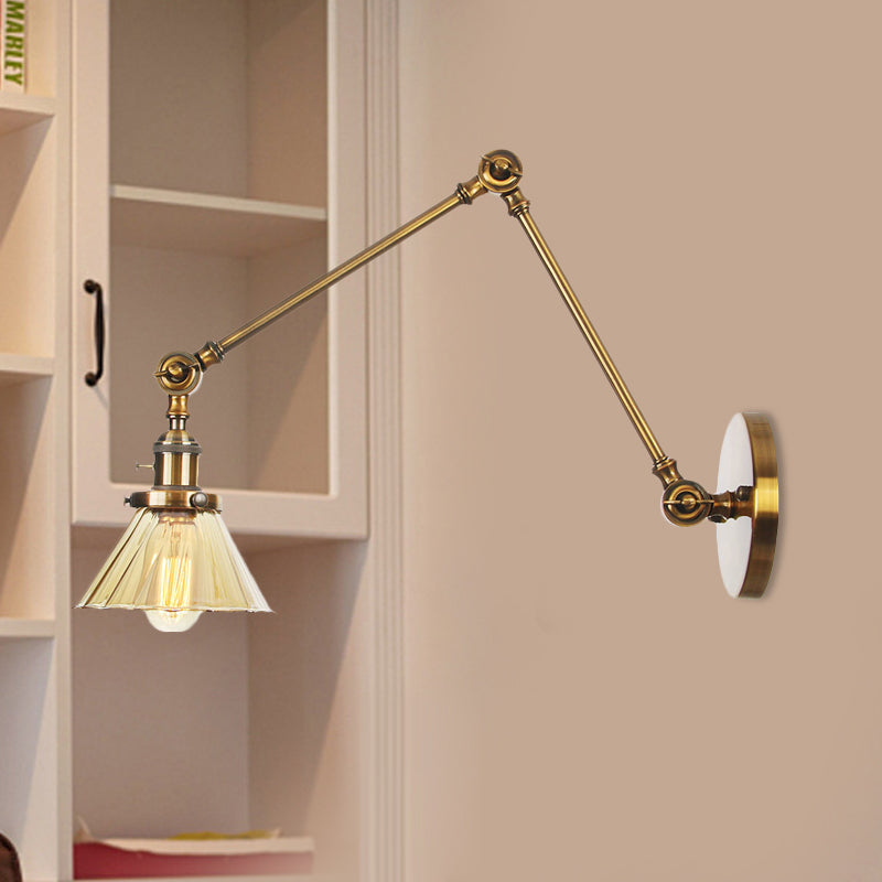 Industrial Cone Wall Mounted Light 1 Light 
Clear/Amber Glass Sconce in Black/Bronze/Brass with Arm, 8"+8"/8"+8"+8" Long
