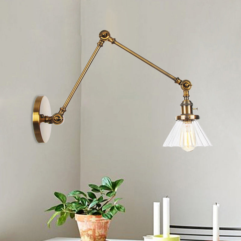 Industrial Cone Wall Mounted Light 1 Light 
Clear/Amber Glass Sconce in Black/Bronze/Brass with Arm, 8"+8"/8"+8"+8" Long