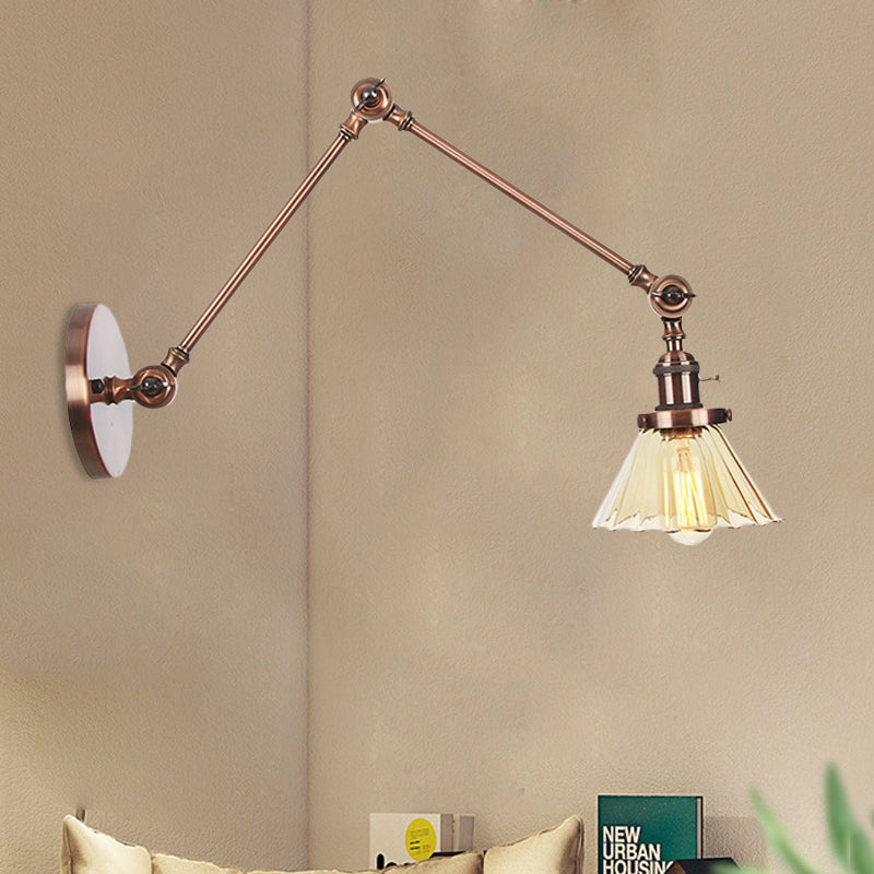 Industrial Cone Wall Mounted Light 1 Light 
Clear/Amber Glass Sconce in Black/Bronze/Brass with Arm, 8"+8"/8"+8"+8" Long