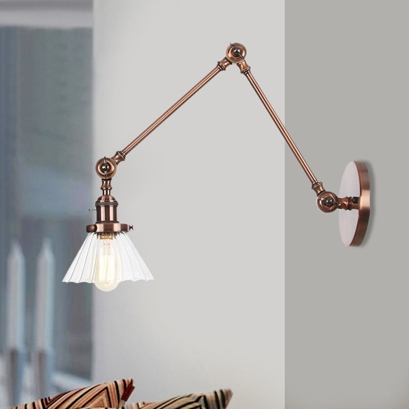 Industrial Cone Wall Mounted Light 1 Light 
Clear/Amber Glass Sconce in Black/Bronze/Brass with Arm, 8"+8"/8"+8"+8" Long
