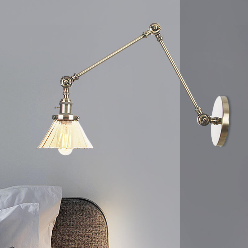 Industrial Cone Wall Mounted Light 1 Light 
Clear/Amber Glass Sconce in Black/Bronze/Brass with Arm, 8"+8"/8"+8"+8" Long