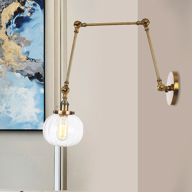 Globe Clear/Amber Glass Wall Mounted Lighting Vintage 1 Light Indoor Sconce in Brass/Chrome/Black with Adjustable Arm, 8"+8"/8"+8"+8" L