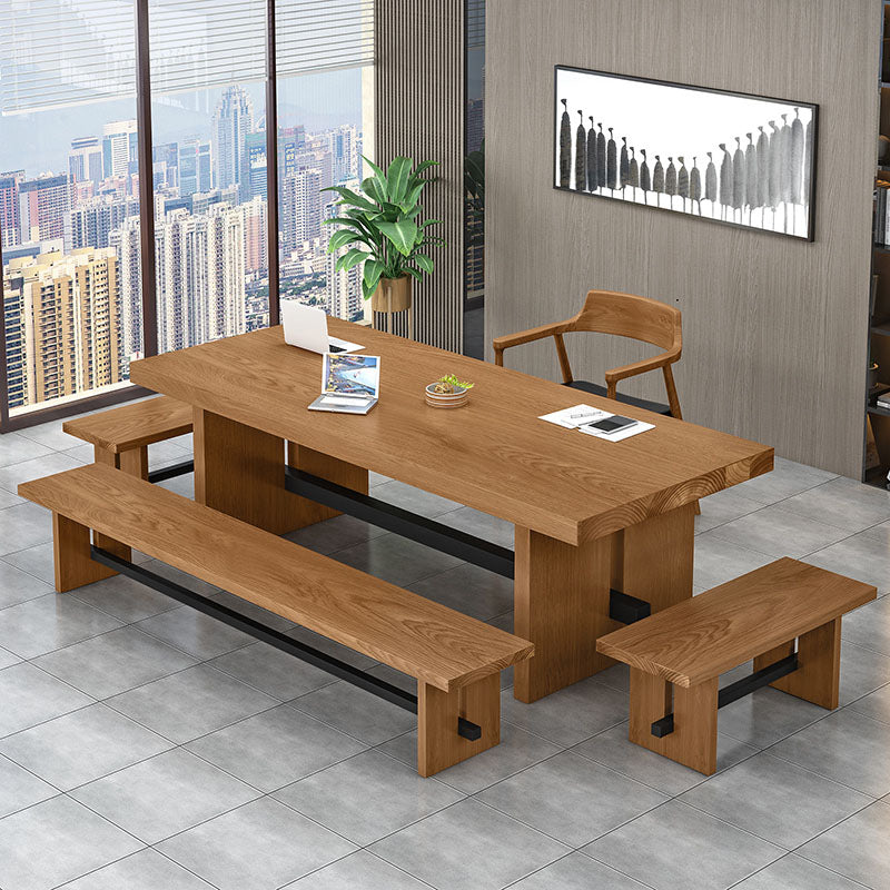 Rectangle Double Pedestal Dining Table Industrial Natural Wood and Metal Table